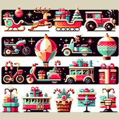 Colorful Christmas Toy Vehicles and Decorations in Festive Style