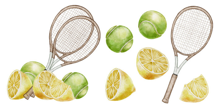 Watercolor illustration vintage tennis rackets with green tennis balls and juicy yellow lemon slices set. for womens sports healthy lifestyle summer packaging drinks cosmetics and fitness branding