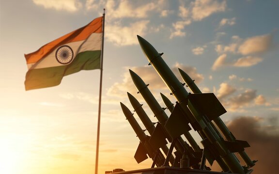 Indian Missile Defence System with National Flag at Sunset &ndash; Symbol of Strength and Technology

