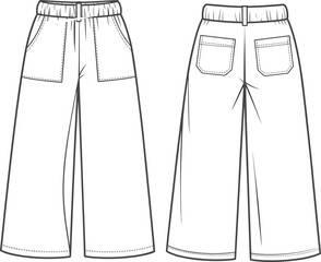 Flat vector CAD drawing of women&rsquo;s wide-leg pants with elastic waistband, front patch pockets, and back patch pockets