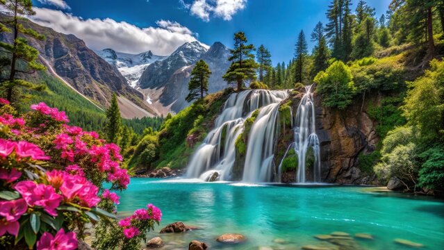Waterfall at Shey Phoksundo Lake in Nepal surrounded by lush greenery and vibrant rhododendron flowers