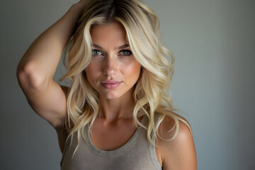 Woman Portrait with Blonde Wavy Hair and Natural Makeup