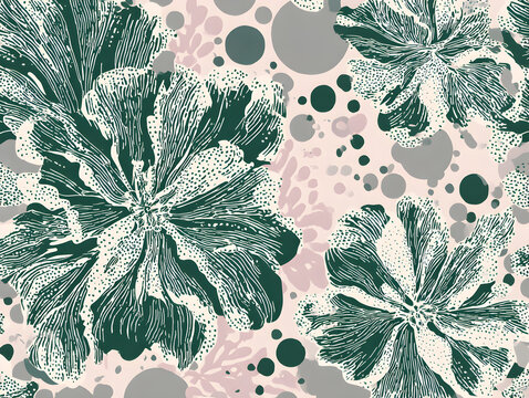 Floral seamless pattern decorative green floral on soft nude background minimalist color palette ready for print on demand platforms textiles and interior accents