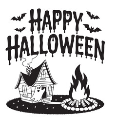 Happy halloween scene with house ghost and campfire