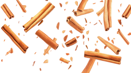 Title: High Resolution Falling Cinnamon Stick Isolated on White Background with Clean Detail