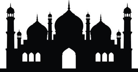 Islamic mosque silhouette with domes and minarets, traditional architecture, perfect for Eid, Ramadan, religious themes, spiritual design backgrounds.
