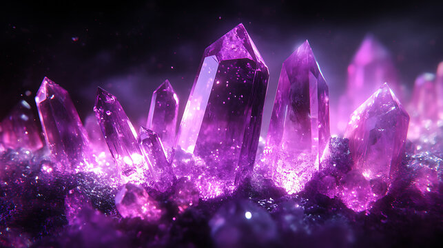 Purple crystal cluster glowing with light refractions, sparkling with vibrant energy and mystical atmosphere in dark background