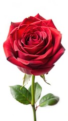 Delicate petals of a single red rose in close-up view on a white background