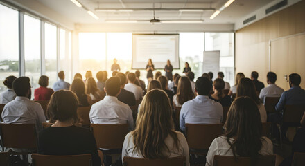 Wide-angle of conference audience facing lit stage with natural window light.