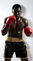 Dynamic close-up of a powerful boxing champion in action on white background.

