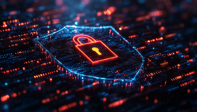 Cyber Security concept Padlock displays in futuristic design, represents data protection. For marketing, editorial, web use.