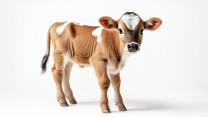 Young calf, light brown with white markings, stands against a white background