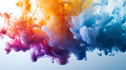 Colorful ink drops merging in water create vibrant swirling abstract background with orange, blue, purple, and red hues blending beautifully