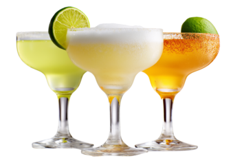 An image of three different types of margaritas in glassware, each with its own unique garnish and presentation style on a transparent background