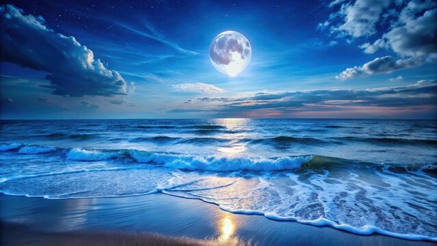 A serene ocean landscape under a full moon night sky with waves gently lapping against the shore and a hint of bioluminescence in the water - Powered by Adobe