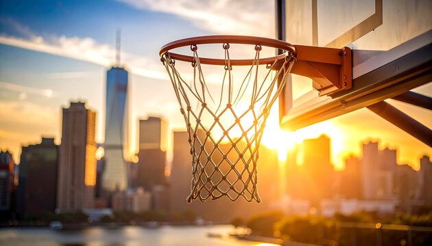 Basketball hoop at sunset over city skyline
