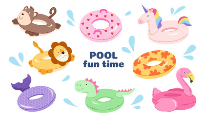 Set of inflatable swimming rings. Unicorn, lifebuoy, mermaid, lion, monkey, dinosaur. Cute swimming ring