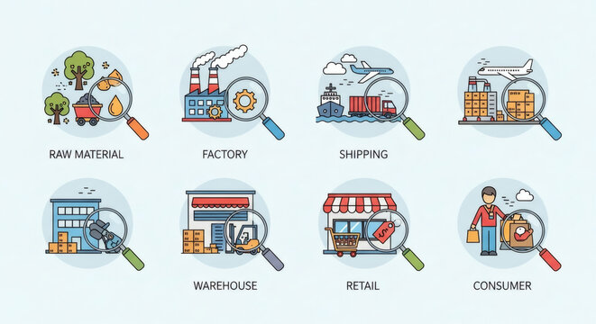 Supply chain management process icon set illustrating the product journey from raw material and factory to consumer.