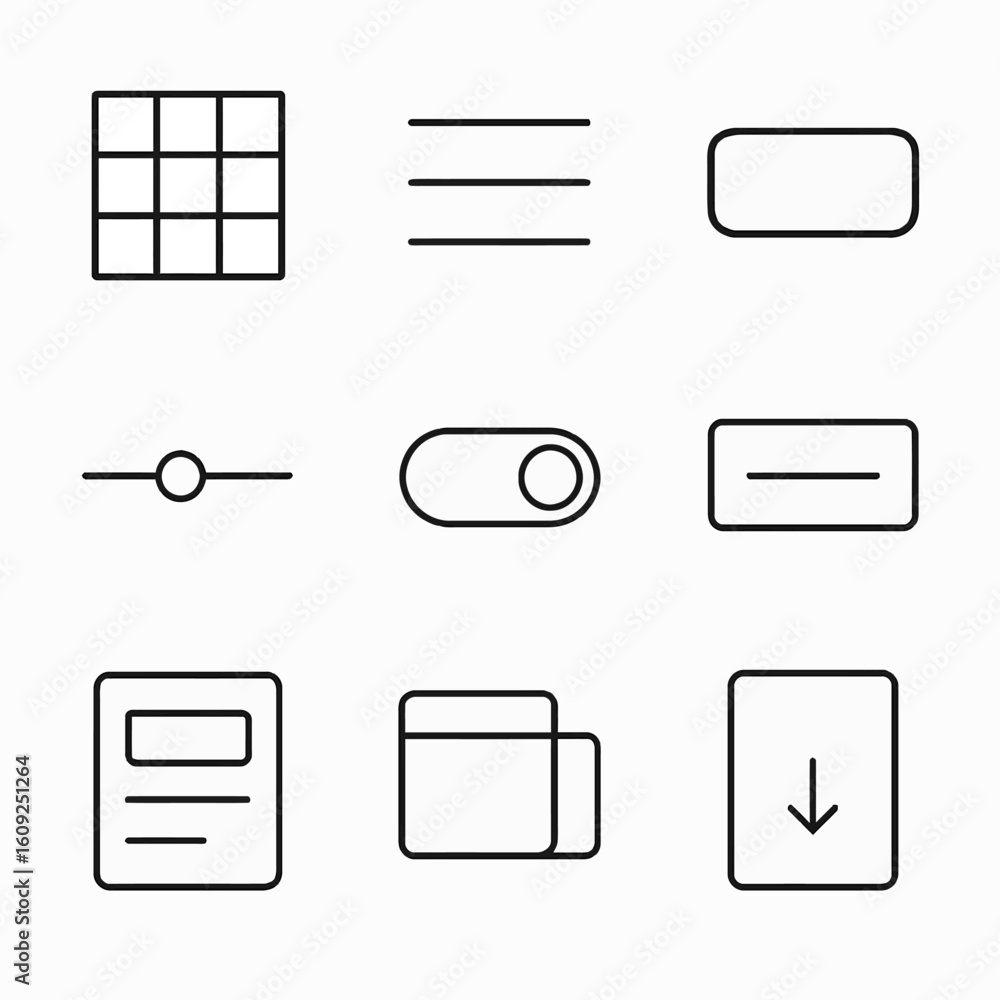 Poster collection of minimalist black and white user interface icons for digital design