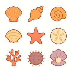 Colorful Seashells Starfish and Coral Collection for Marine Life or Beach Themed Designs