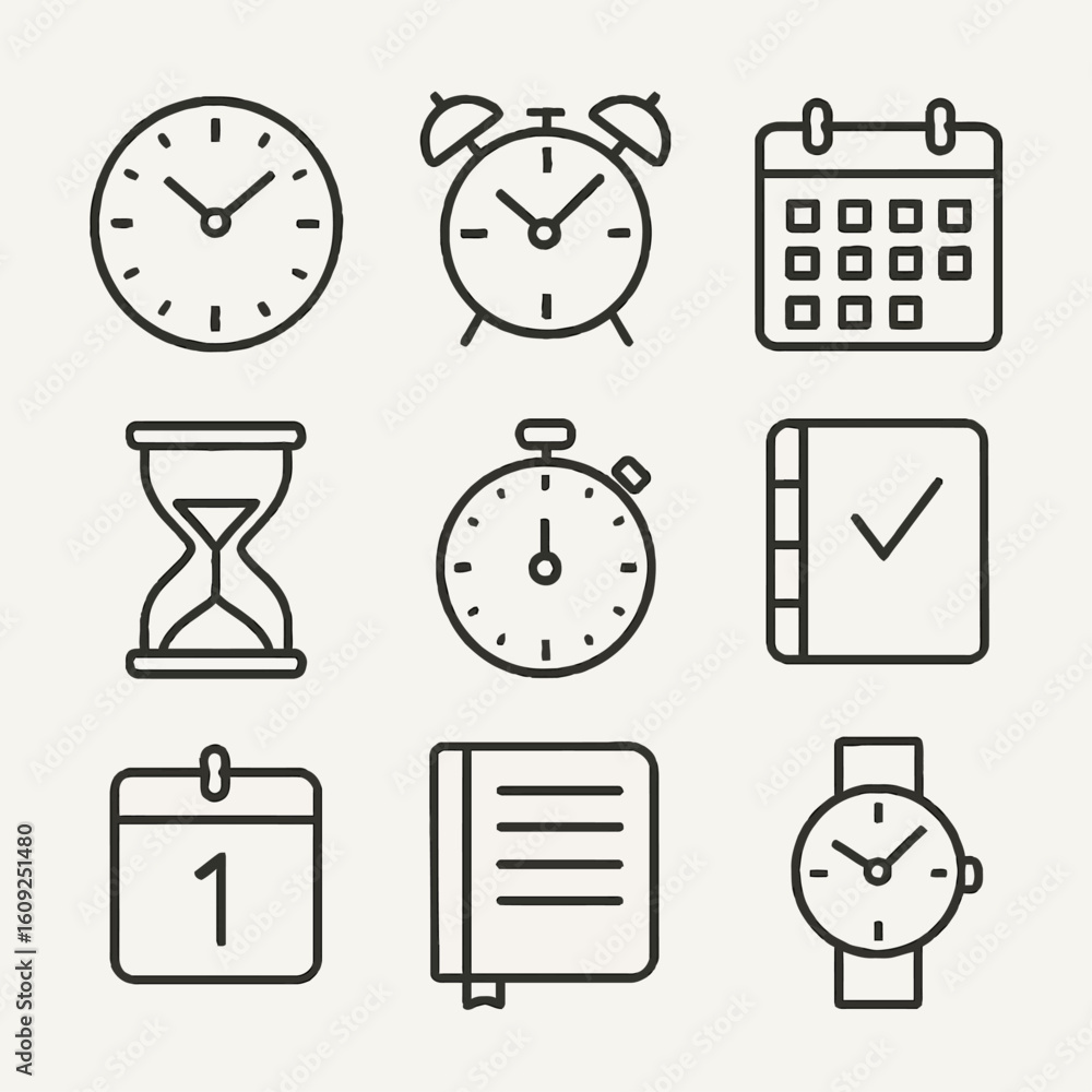 Poster set of nine minimalist clock and timer icons in black line art on white background
