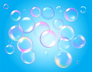 Floating iridescent soap bubbles on a gradient blue background, vector format