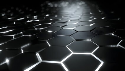 Futuristic black hexagon metallic surface with 3D geometric pattern and glossy texture