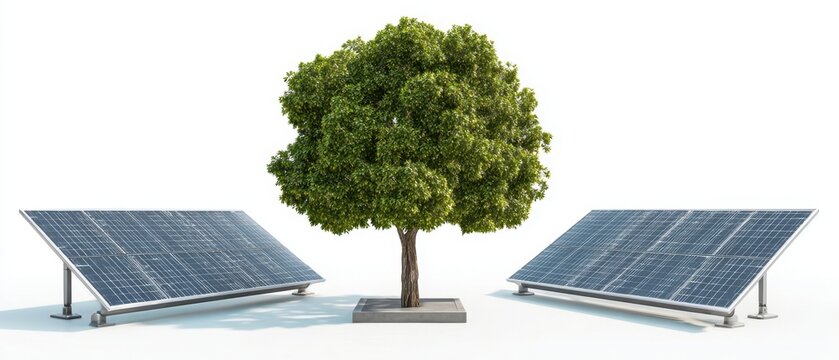 The thriving tree surrounded by solar panels for sustainable energy generation.