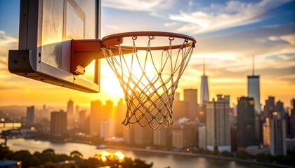 Basketball hoop at sunset over NYC skyline