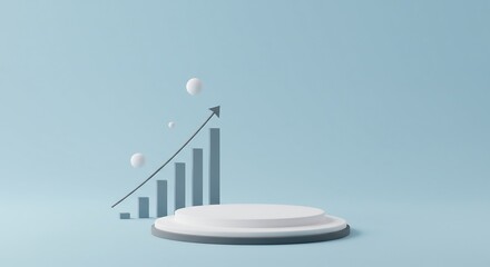 Minimalist 3D render of a business growth chart with an upward arrow on a product display podium, symbolizing success and development.
