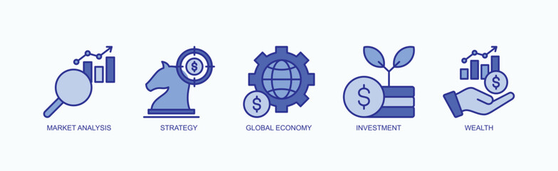 Growth And Strategy Icon Set Isolated Vector With Icon Of Market Analysis, Strategy, Global Economy, Investment, Wealth In Blue Style