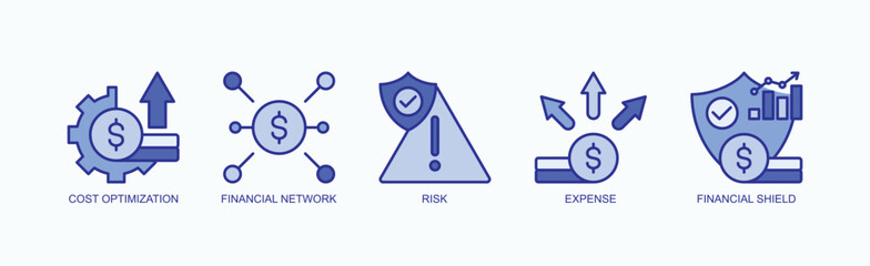 Fortify Finance Icon Set Isolated Vector With Icon Of Cost Optimization, Financial Network, Risk, Expense, Financial Shield In Blue Style