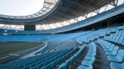 Wide-angle view of light blue stadium seats in tiered rows under a geometric steel roof, softly lit.
