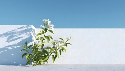 Minimal white terrace with blooming flowers and clear blue sky in Mediterranean style