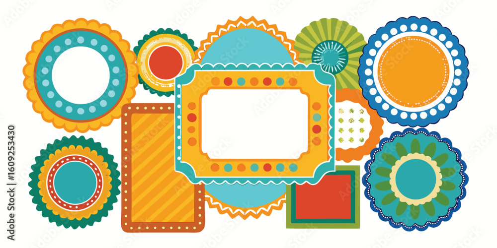 Poster a cheerful assortment of differently shaped frames, each bursting with bright colors and unique styl