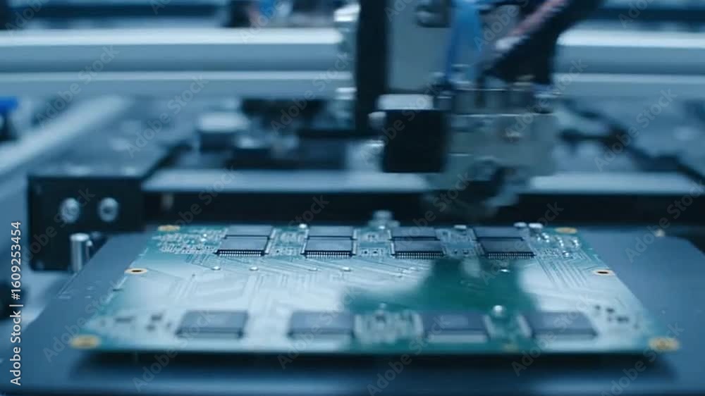 Aufkleber machine places components on a circuit board in a hightech factory environment