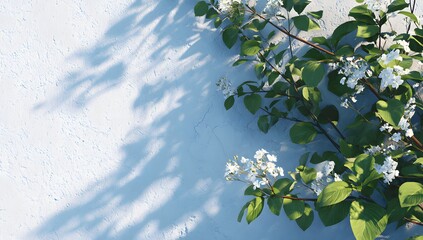 Minimal white terrace with blooming flowers and clear blue sky in Mediterranean style