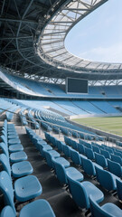 Naklejka premium Wide-angle view of light blue stadium seats in tiered rows under a geometric steel roof, softly lit. 