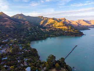 Aerial view of Governors Bay jetty near Lyttelton, Banks Peninsula, South Island, New Zealand, with...