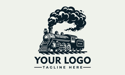 Vintage steam locomotive logo design with billowing smoke, a classic train graphic. © nuaari