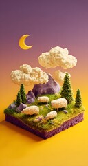 Adorable 3D fantasy landscape with sheep, pine trees, and glowing moon in a dreamy pastel world