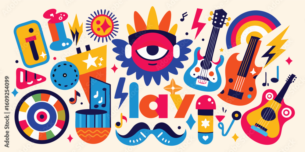 Poster poster featuring a variety of colorful objects arranged artistically..eps