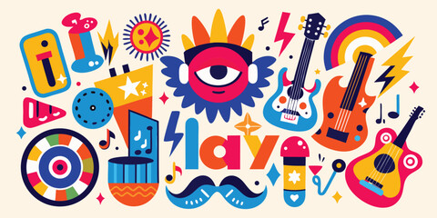 poster featuring a variety of colorful objects arranged artistically..eps