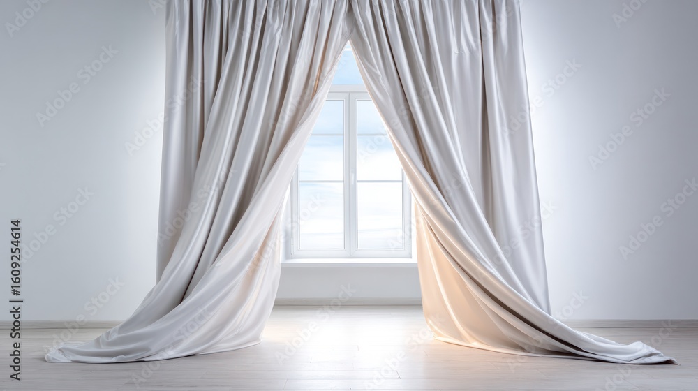Poster light and shadow: a gracefully draped curtain frames a sunlit window, casting gentle shadows across 