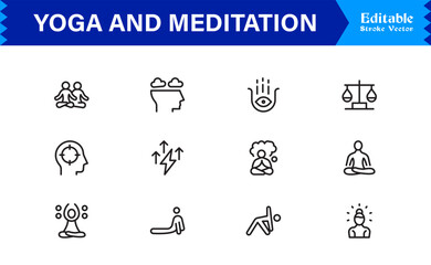 Yoga and Meditation Spiritual Symbols – Professional Modern Line Icon Pack with Unique Vector Style for Calmness, Balance, and Inner Peace Themes