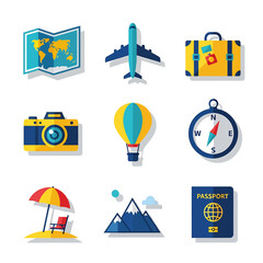 Travel icons flat design journey adventure exploration vacation holiday