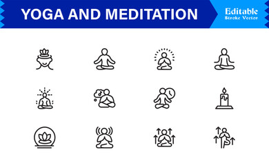 Yoga and Meditation Spiritual Symbols – Professional Modern Line Icon Pack with Unique Vector Style for Calmness, Balance, and Inner Peace Themes