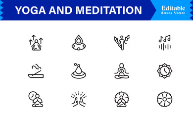 Yoga and Meditation Spiritual Symbols – Professional Modern Line Icon Pack with Unique Vector Style for Calmness, Balance, and Inner Peace Themes