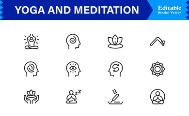 Fototapeta premium Yoga and Meditation Spiritual Symbols – Professional Modern Line Icon Pack with Unique Vector Style for Calmness, Balance, and Inner Peace Themes