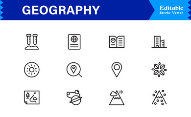 Geography Essentials — Professional Line Icon Set Featuring Minimal, Modern, Pixel-Perfect Editable Symbols for Educational and Cartography Themes